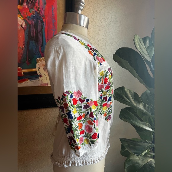 Anthropologie Vanessa Virginia Embroidered Cotton Pom Pom Peasant Top - Sz 2 - Picture 6 of 14